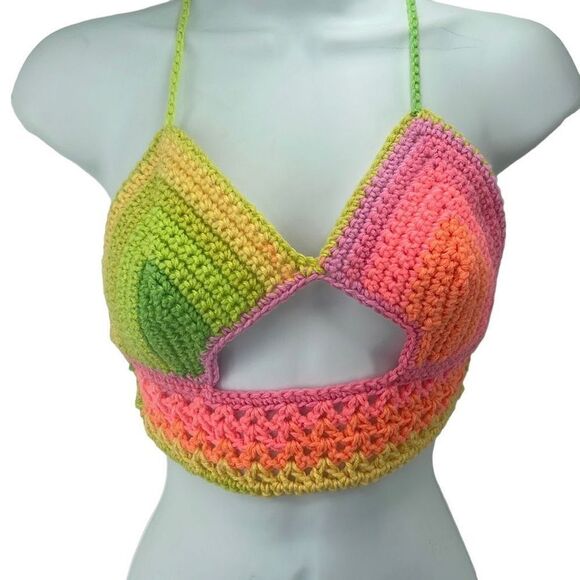 Handmade peek-a-boo crochet rainbow neon halter top crop open knit - Picture 1 of 11